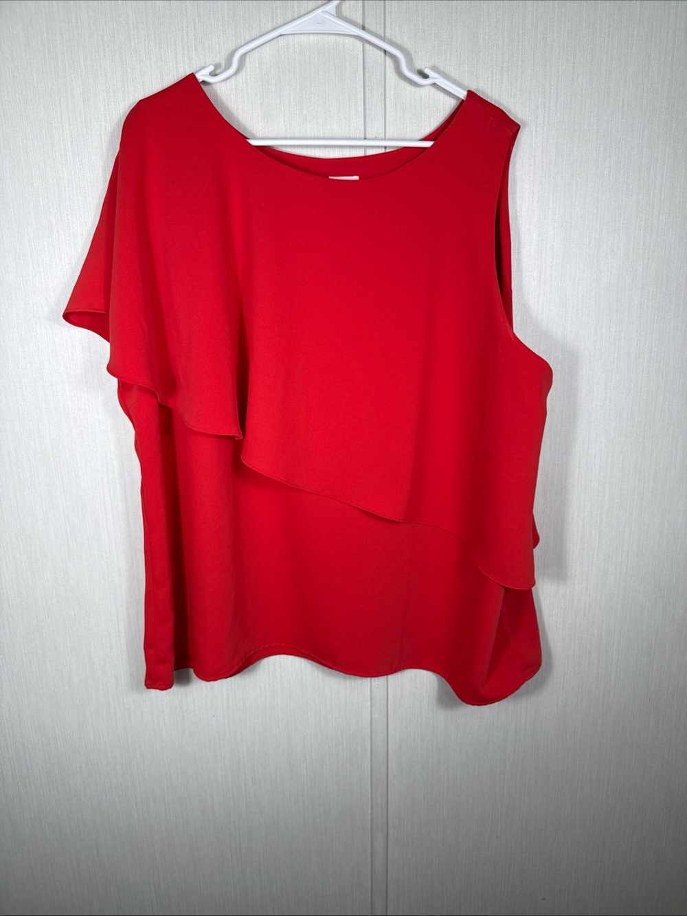 Chico's~Woman Size 4(1X)~Coral Red Top Asymmetrical Sleeve Blouse Evening-Party